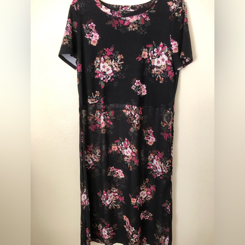 Black floral shirt with sheer bottom up to knee length, 2 side slits